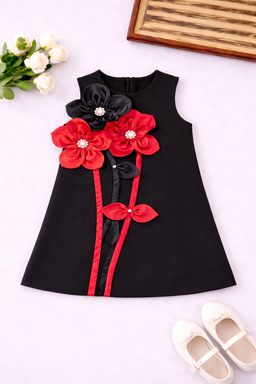 black dress with red ribbon Floral Appliqué Girls Detailing Color:AS PHOTO(BLUE) Selena Gomez Black Plunging launch_date:7/1/2025 =_ inches.6