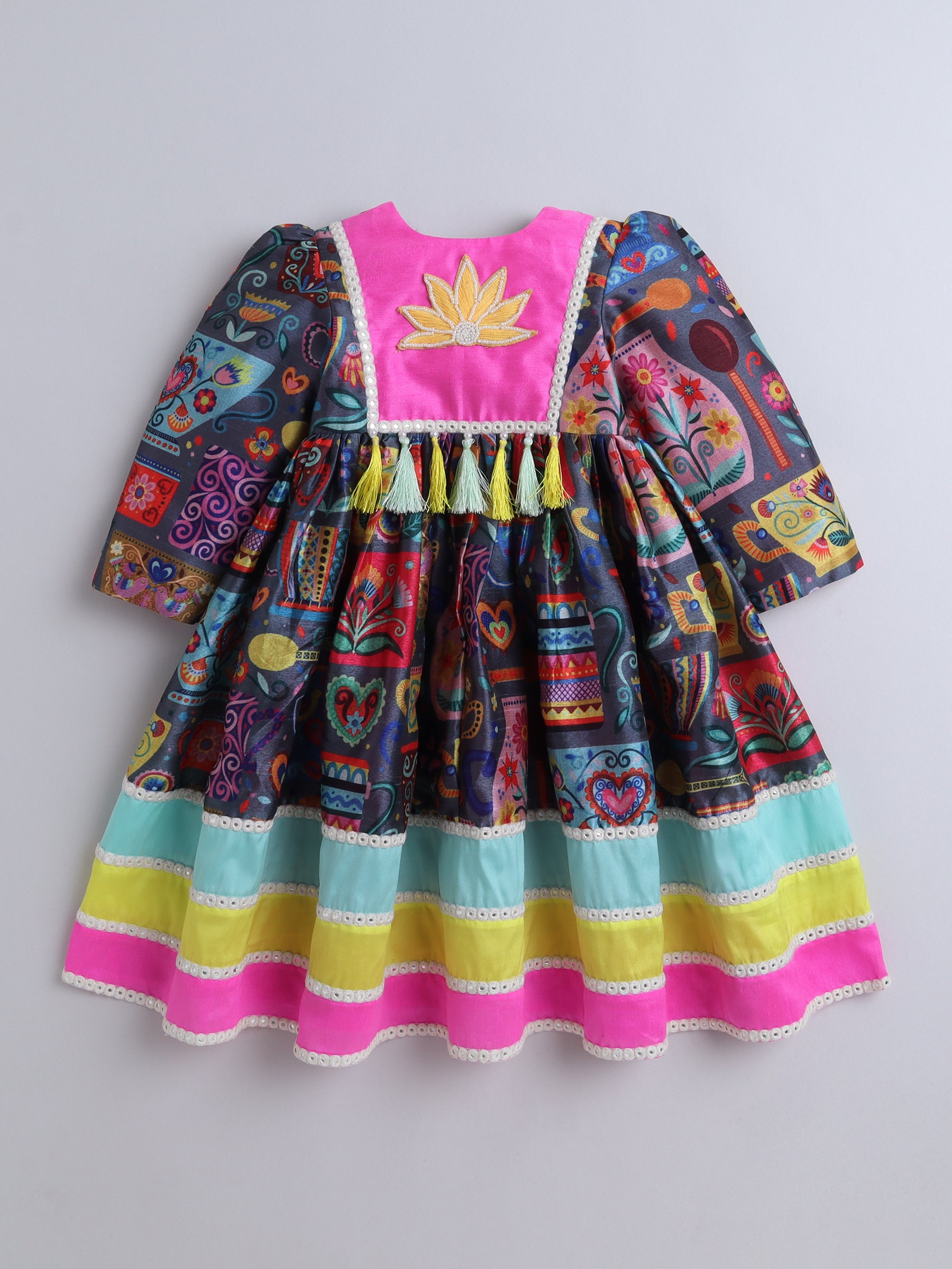 Vibrant Multicolor Artistic Print Dress with Pink Yoke & Matching Hairband for Girls