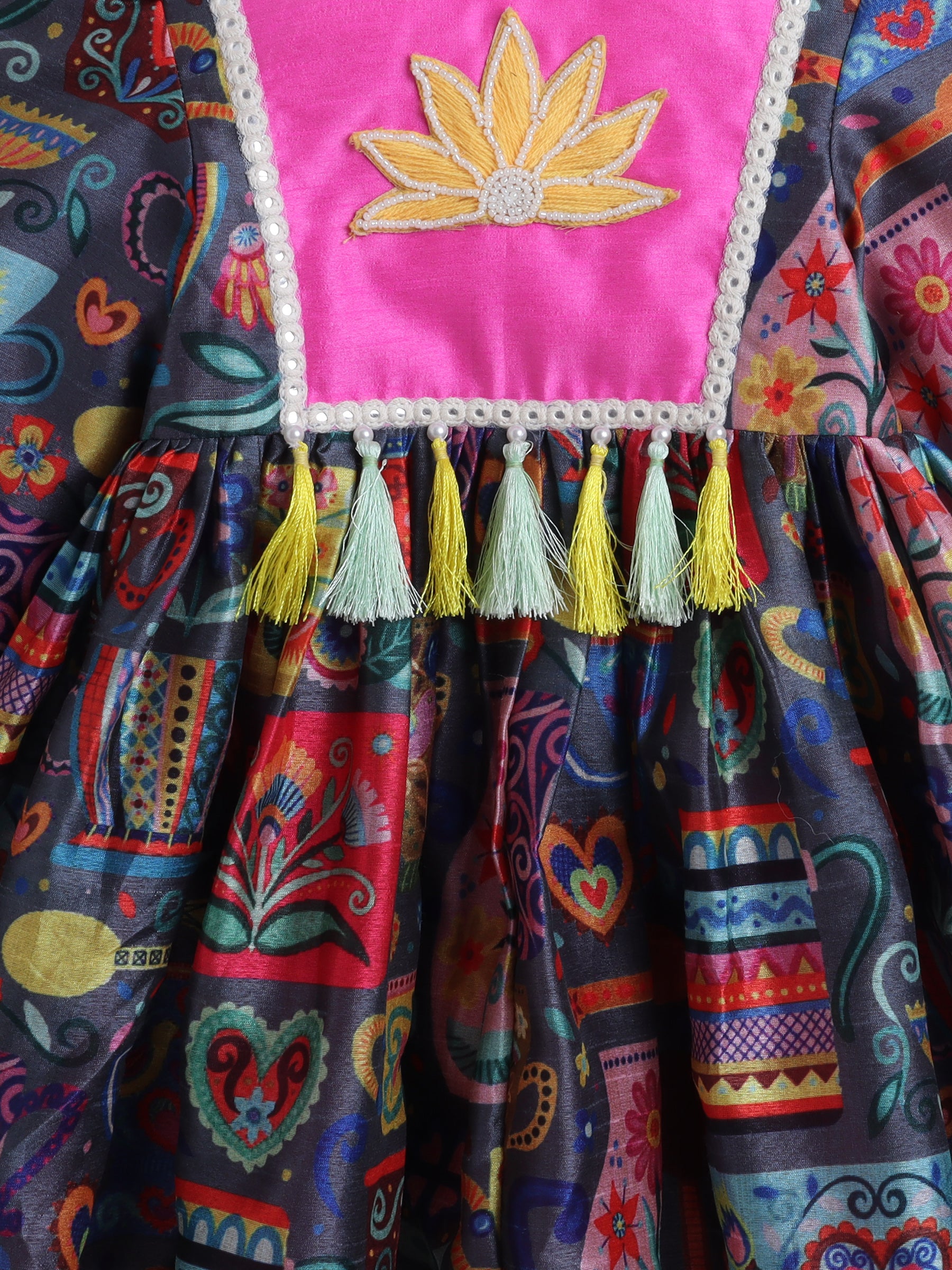 Vibrant Multicolor Artistic Print Dress with Pink Yoke & Matching Hairband for Girls
