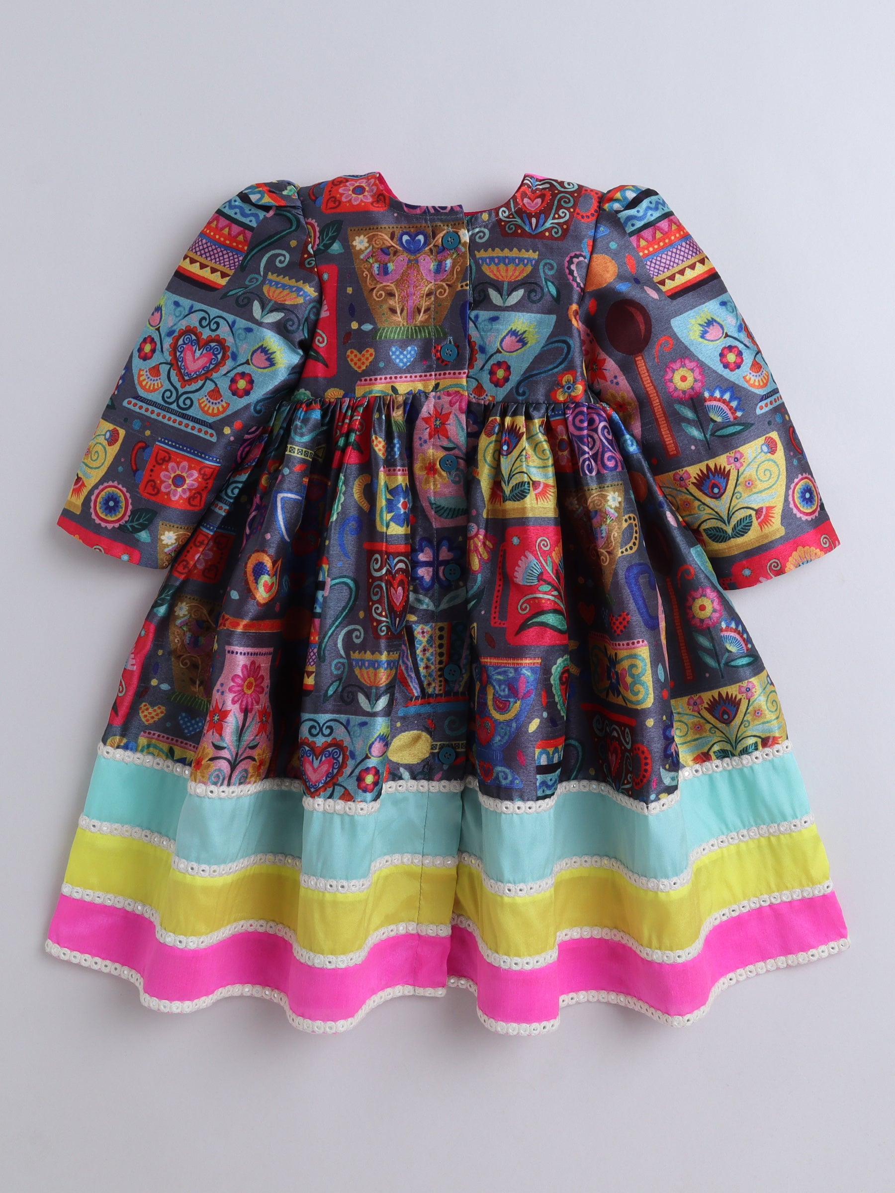 Vibrant Multicolor Artistic Print Dress with Pink Yoke & Matching Hairband for Girls