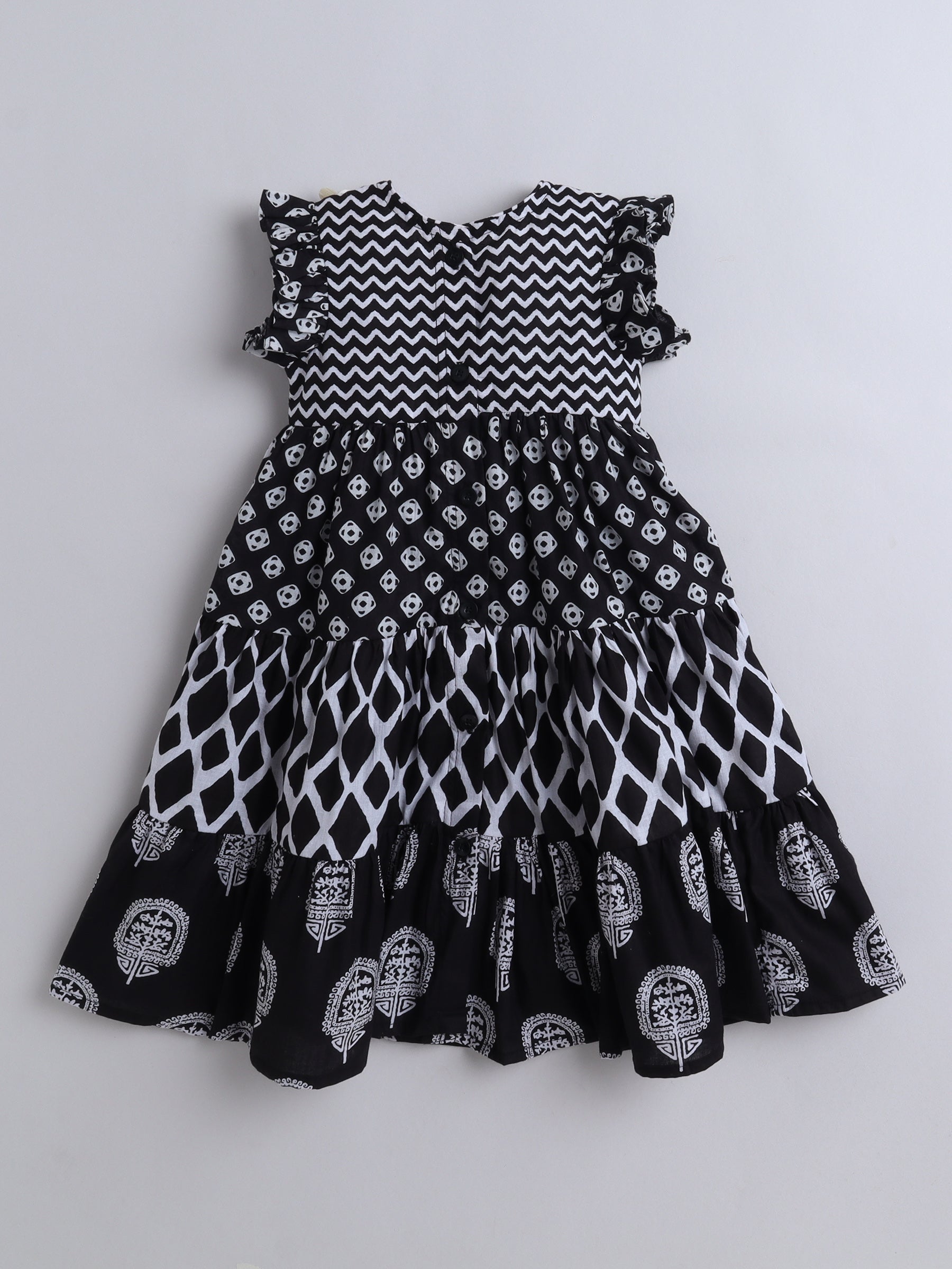 Black & White Printed Dress with Red Embroidered Mirror Work Yoke for Girls