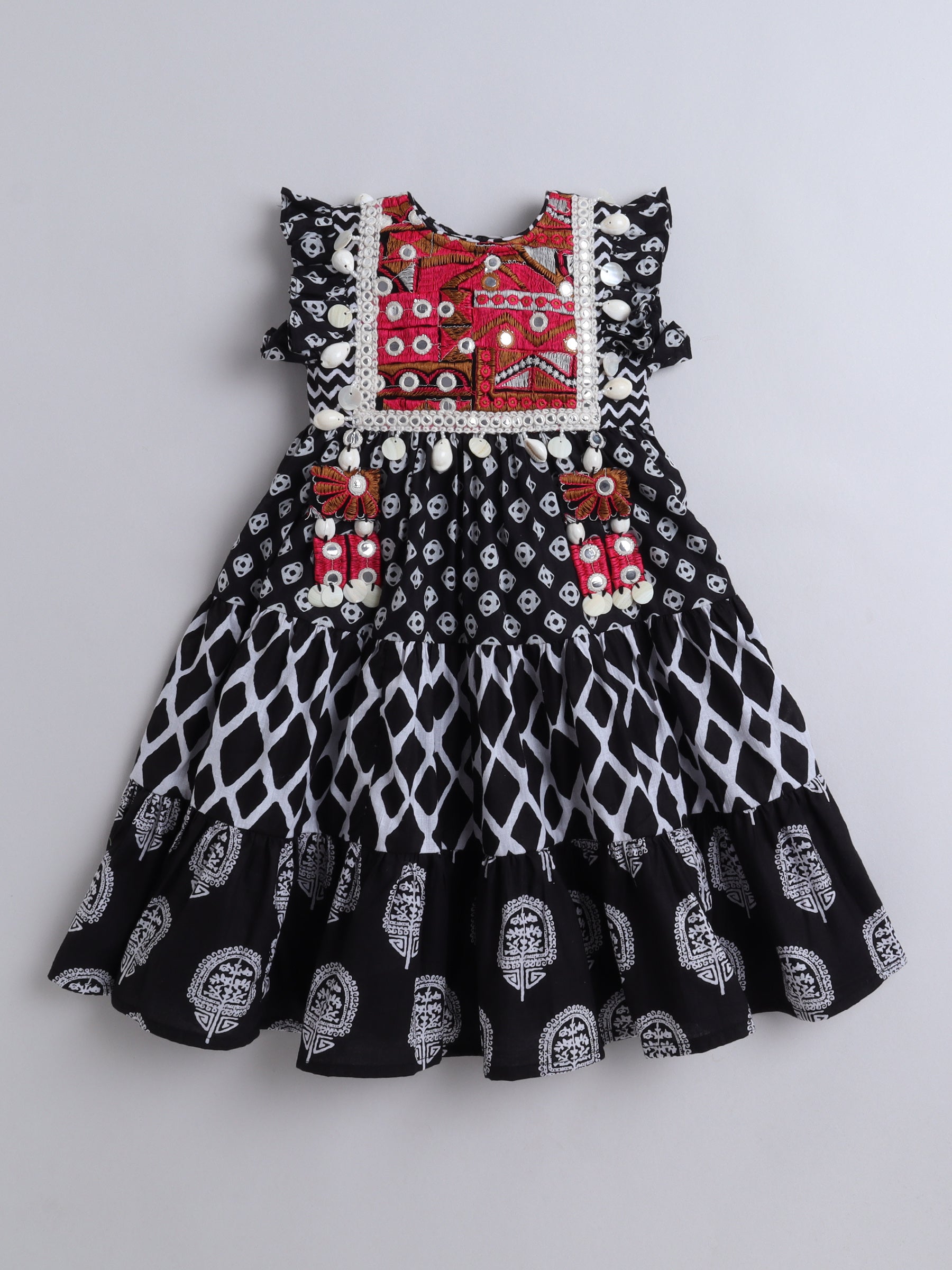 Black & White Printed Dress with Red Embroidered Mirror Work Yoke for Girls