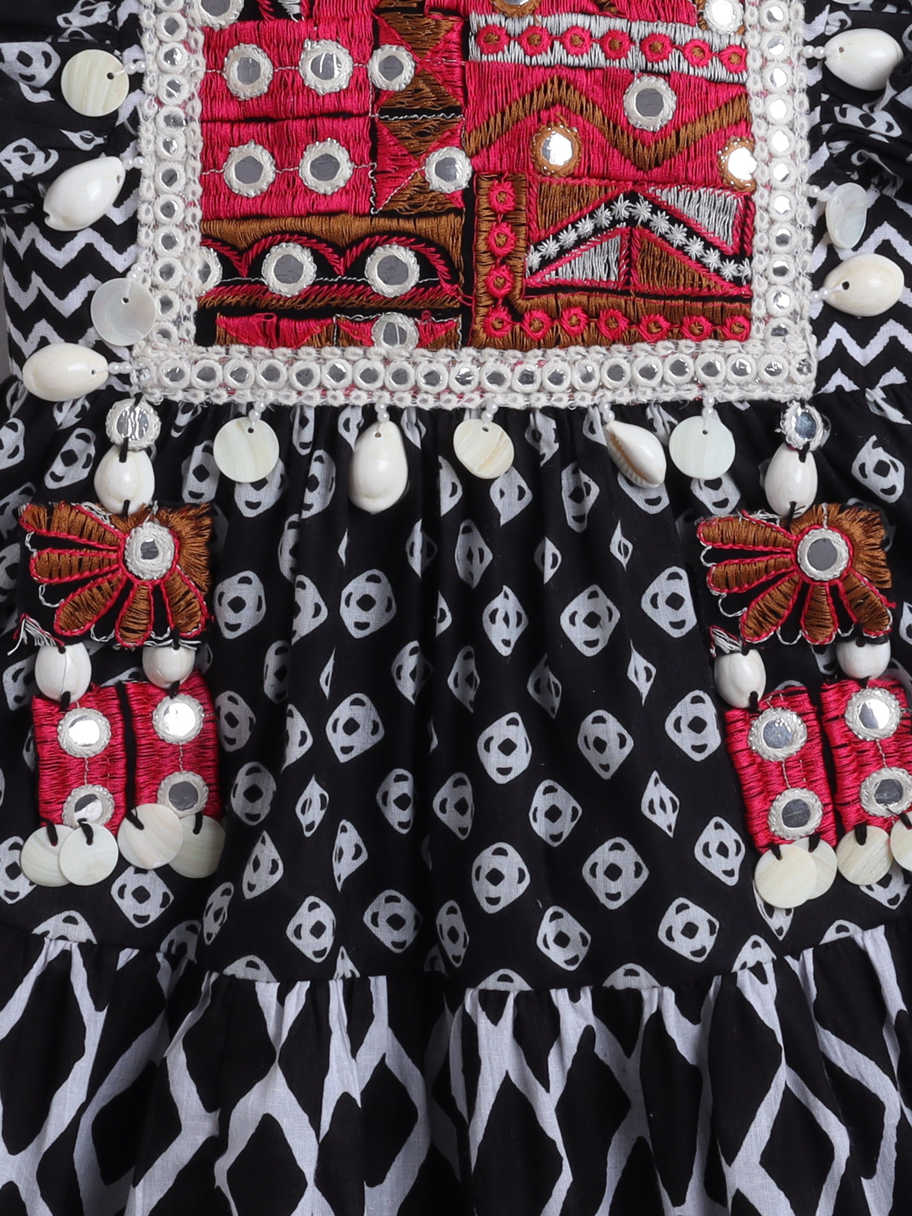 Black & White Printed Dress with Red Embroidered Mirror Work Yoke for Girls