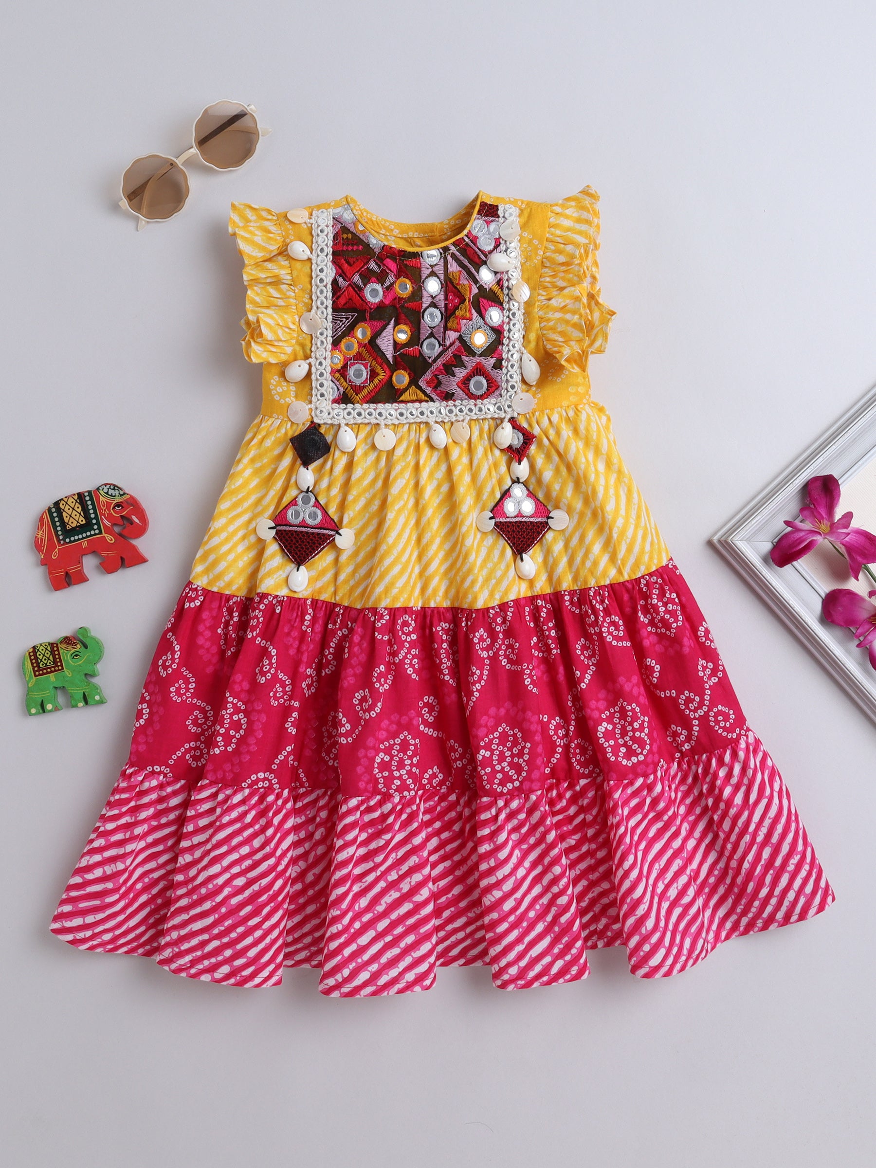 Yellow & Pink Bandhani Print Dress with Embroidered Mirror Work Yoke for Girls