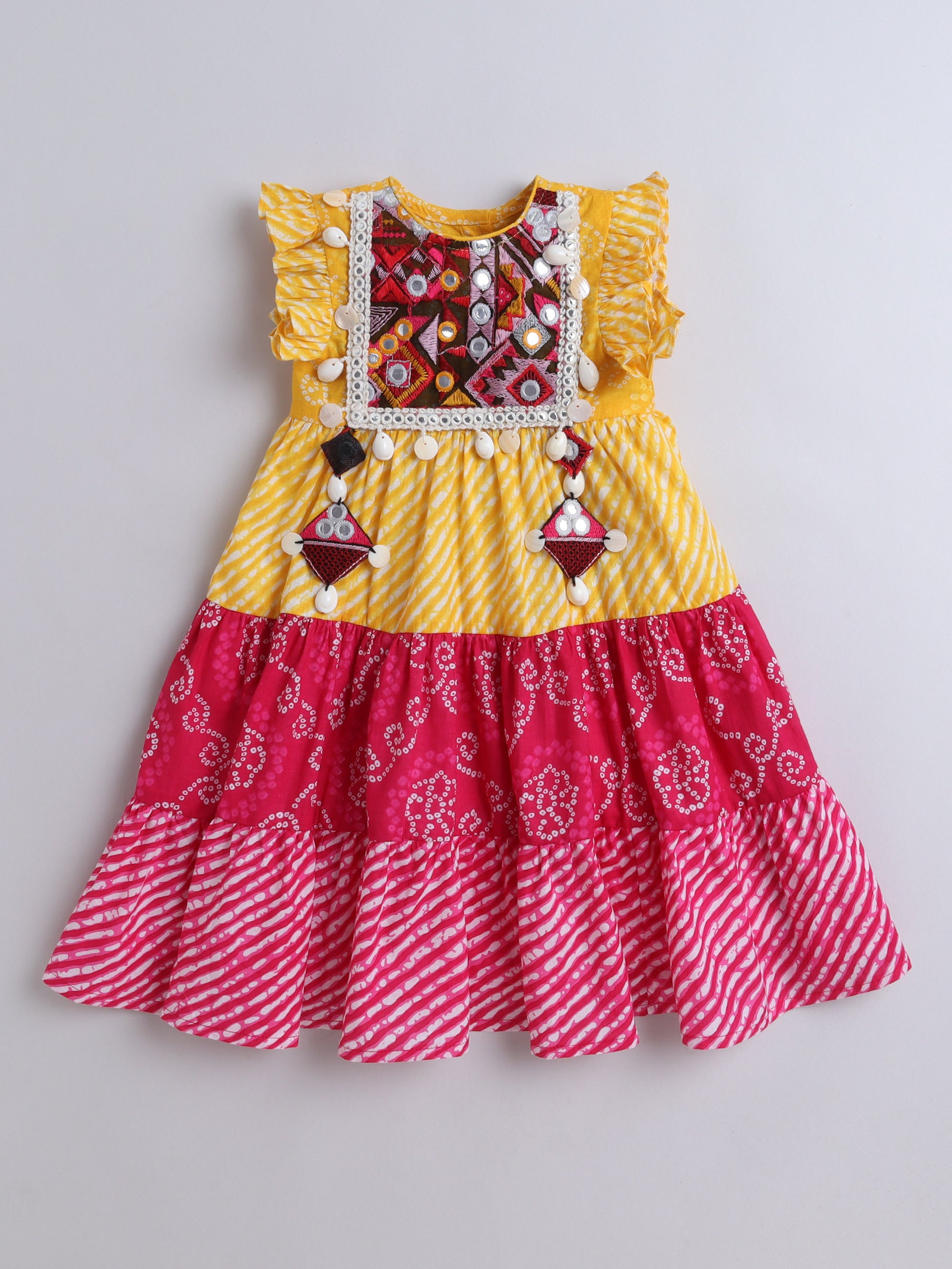 Yellow & Pink Bandhani Print Dress with Embroidered Mirror Work Yoke for Girls