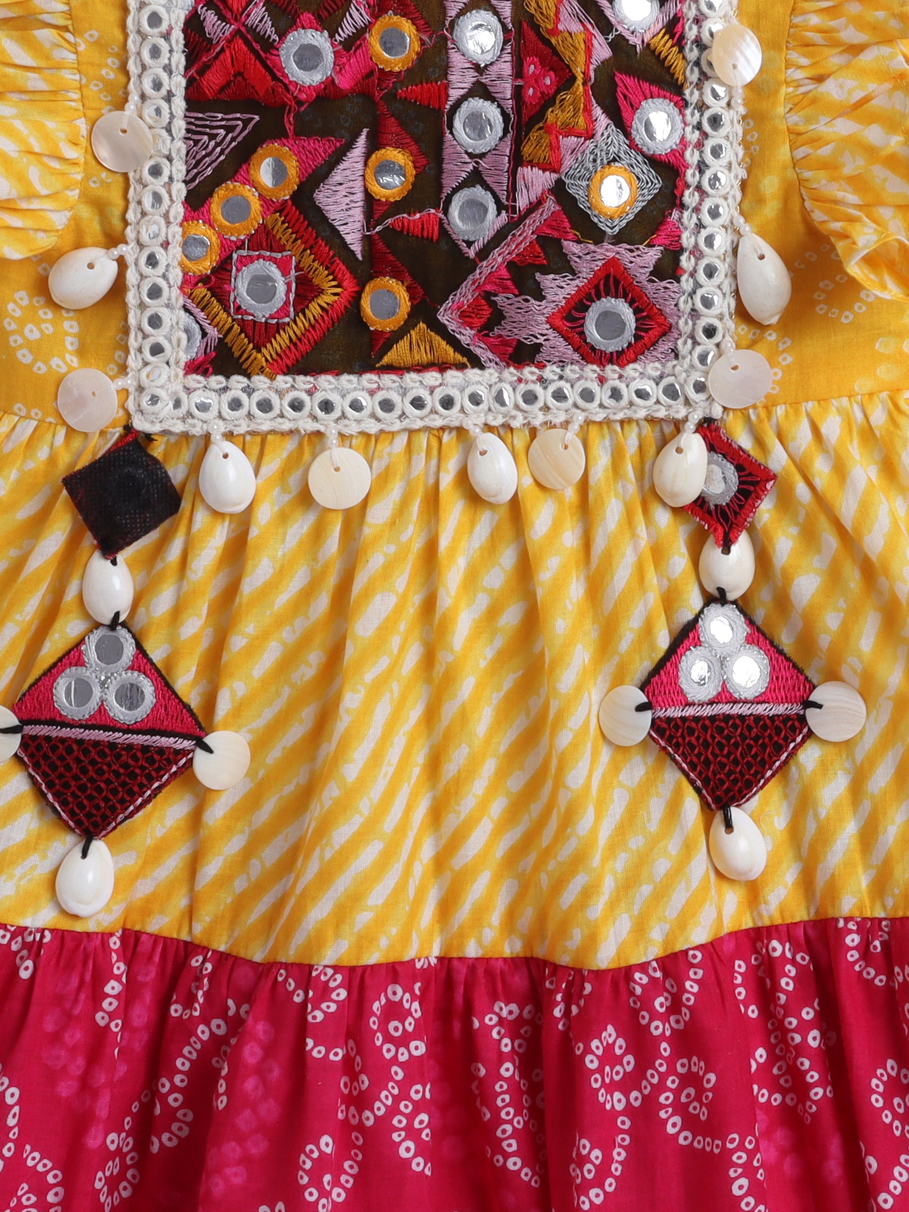 Yellow & Pink Bandhani Print Dress with Embroidered Mirror Work Yoke for Girls