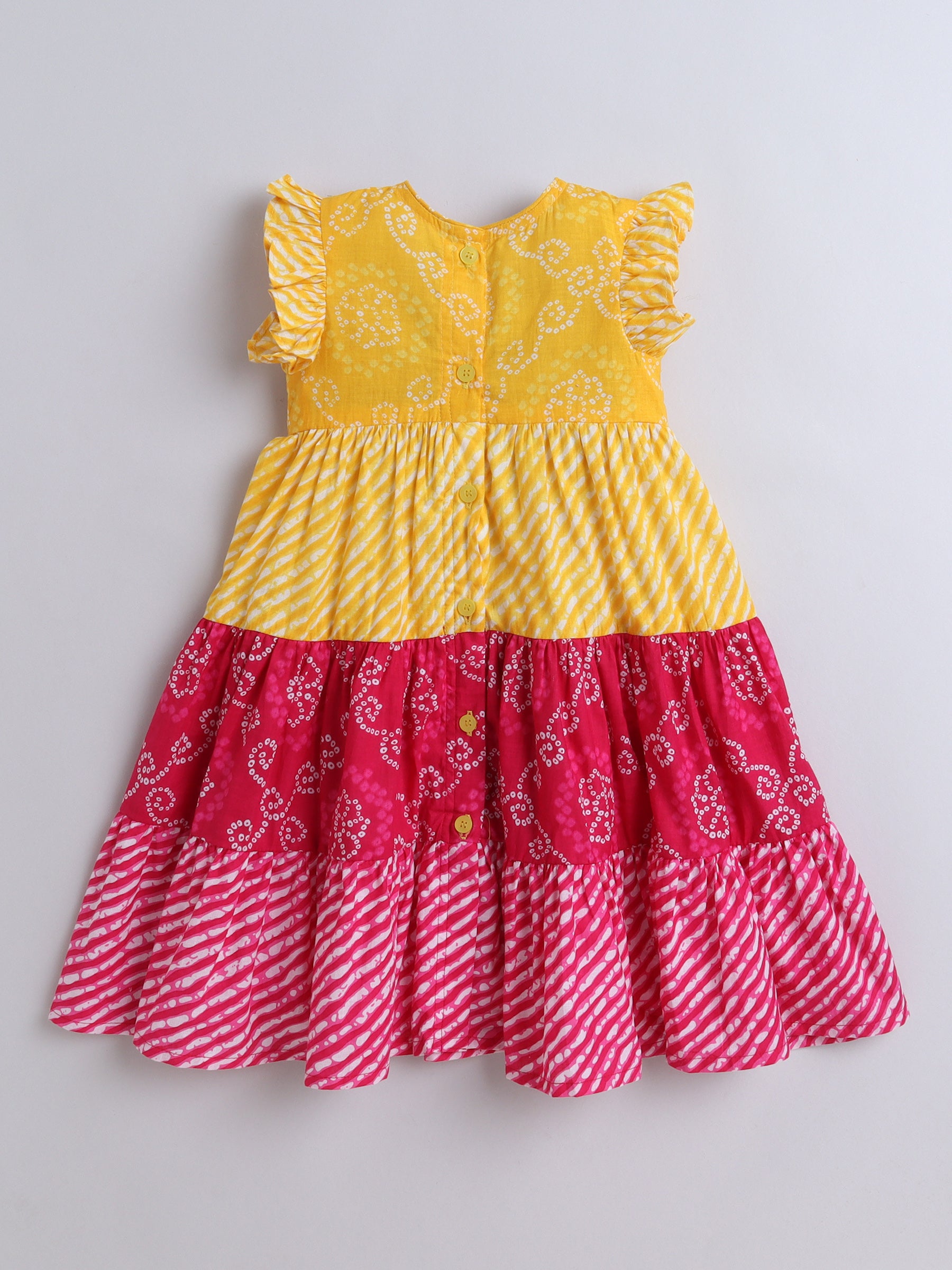 Yellow & Pink Bandhani Print Dress with Embroidered Mirror Work Yoke for Girls