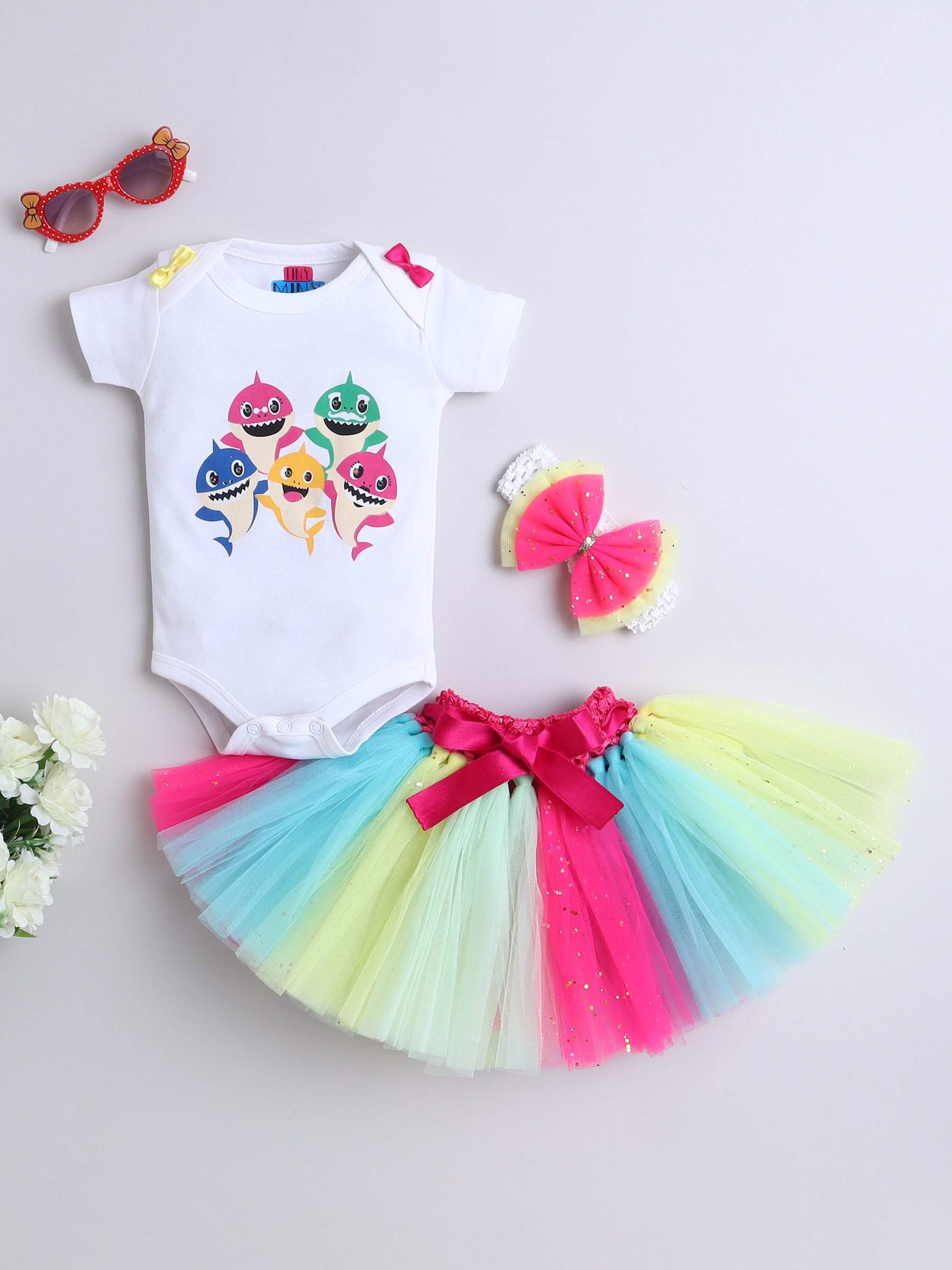 Baby Shark 3-Piece Baby Girl Rainbow Tutu Set