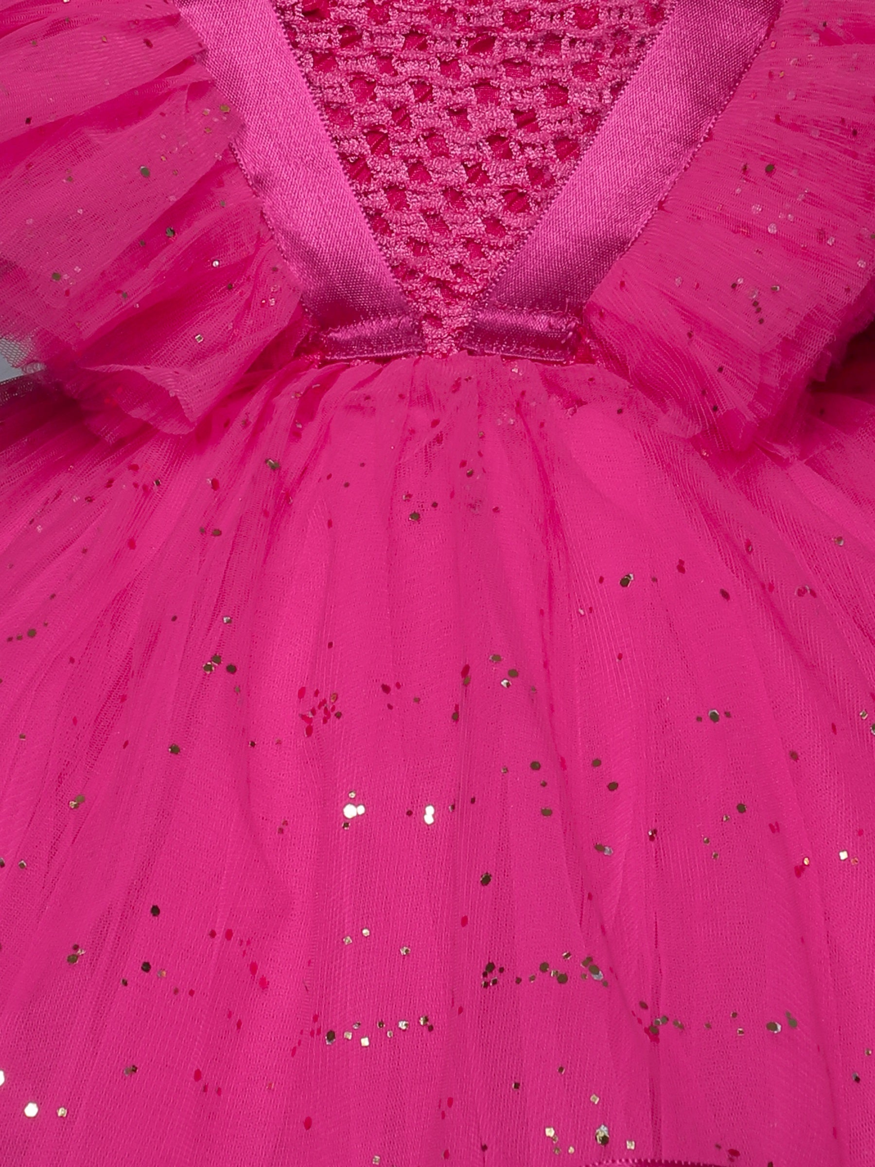 "Fuchsia Sparkle – Ruffled Sleeve Princess Knee Length Party Dress"
