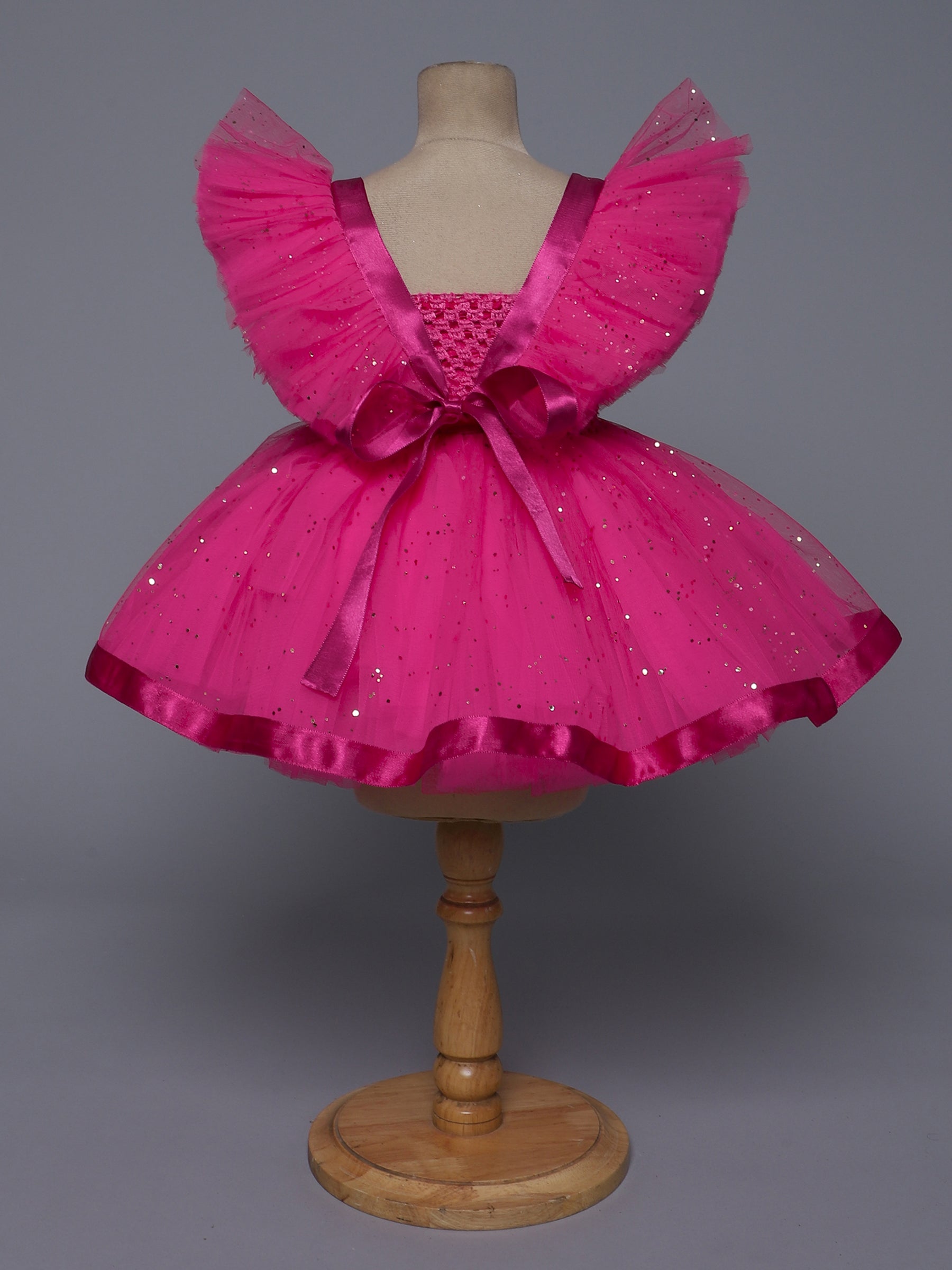 "Fuchsia Sparkle – Ruffled Sleeve Princess Knee Length Party Dress"