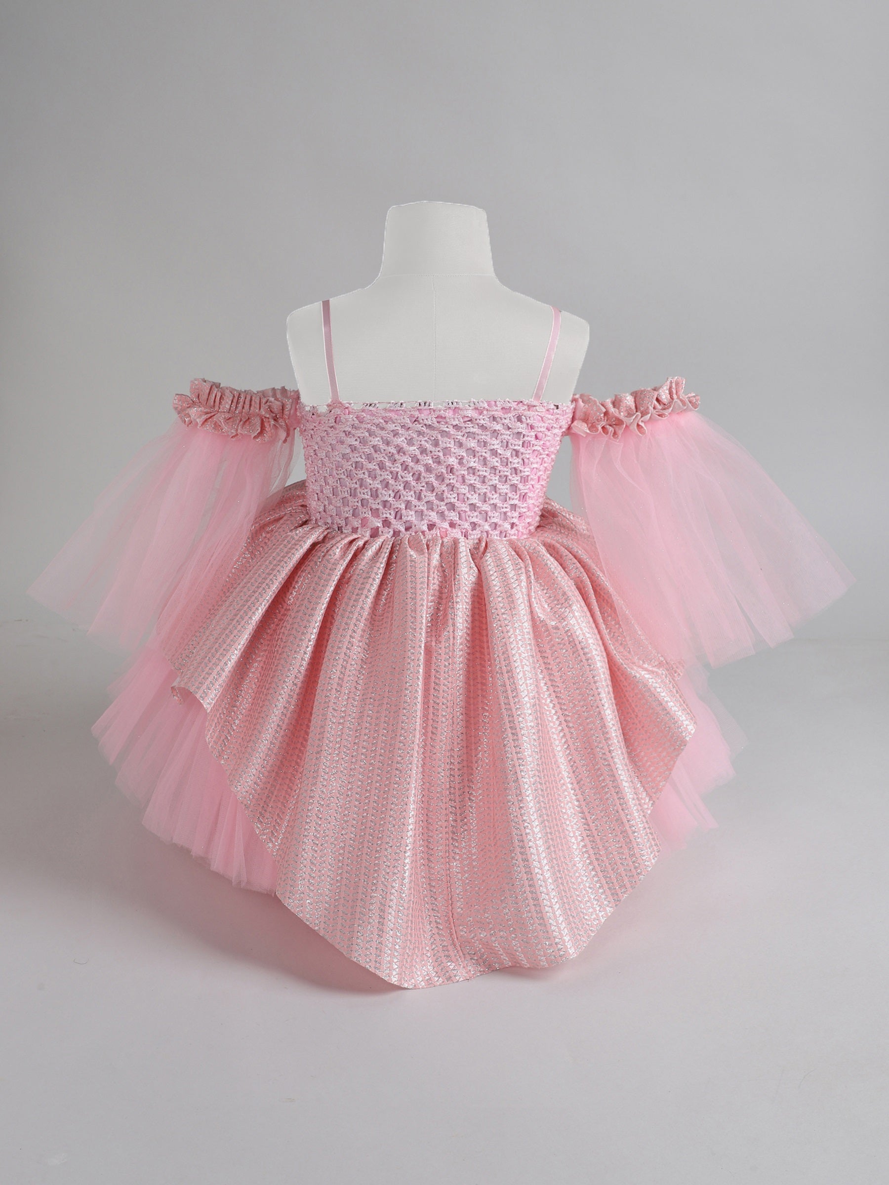 "Blush Pink Off-Shoulder Princess Knee Length Dress with Floral Bodice and Layered Tulle – A Fairytale Come to Life!