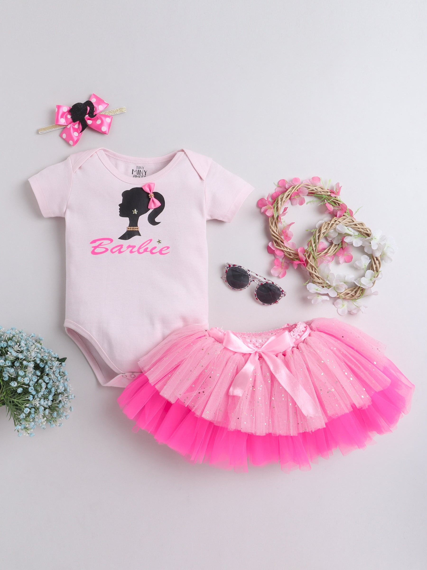 Barbie Theme Baby Girl Outfit Set – Romper & Tutu Skirt with Accessories