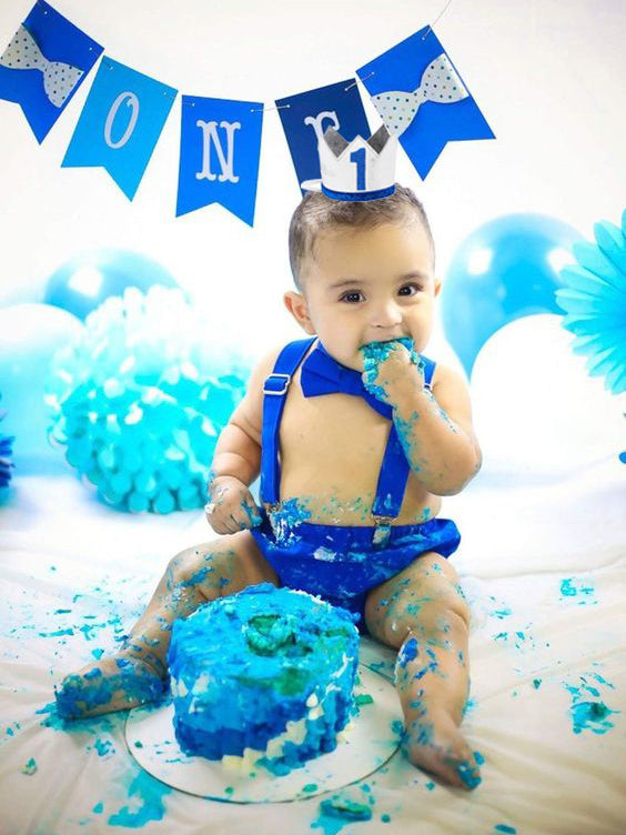GLACE COTTON BABY BOY BIRTHDAY PHOTOSHOOT OUTFIT INCLUDES BLOOMER WITH GALLIES , CROWN AND BOW-BLUE