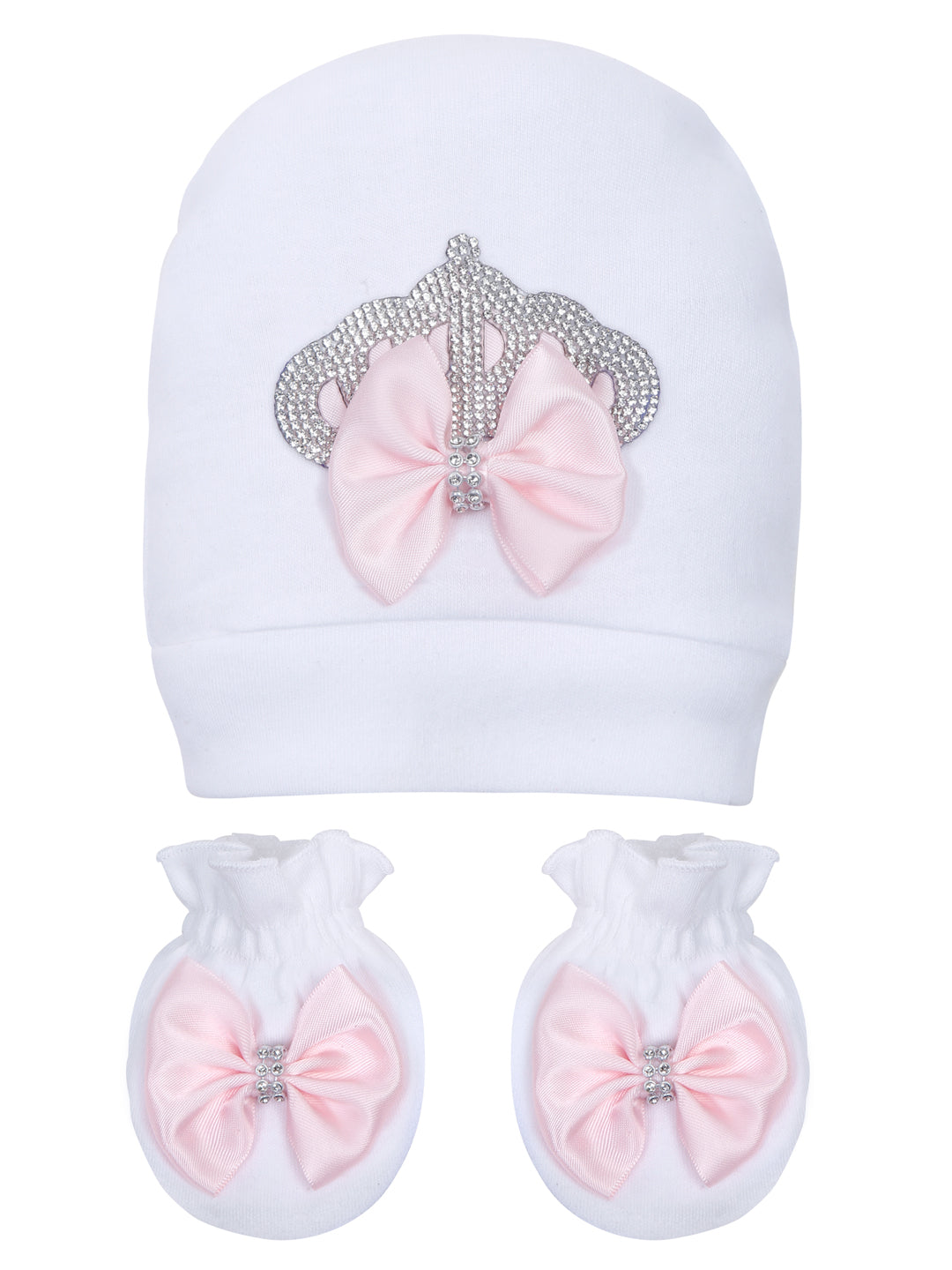 TINY MINY MEE RHINESTONE CROWN PATCH SLEEPSUIT WITH PINK BOWS AND SHOES-WHITE