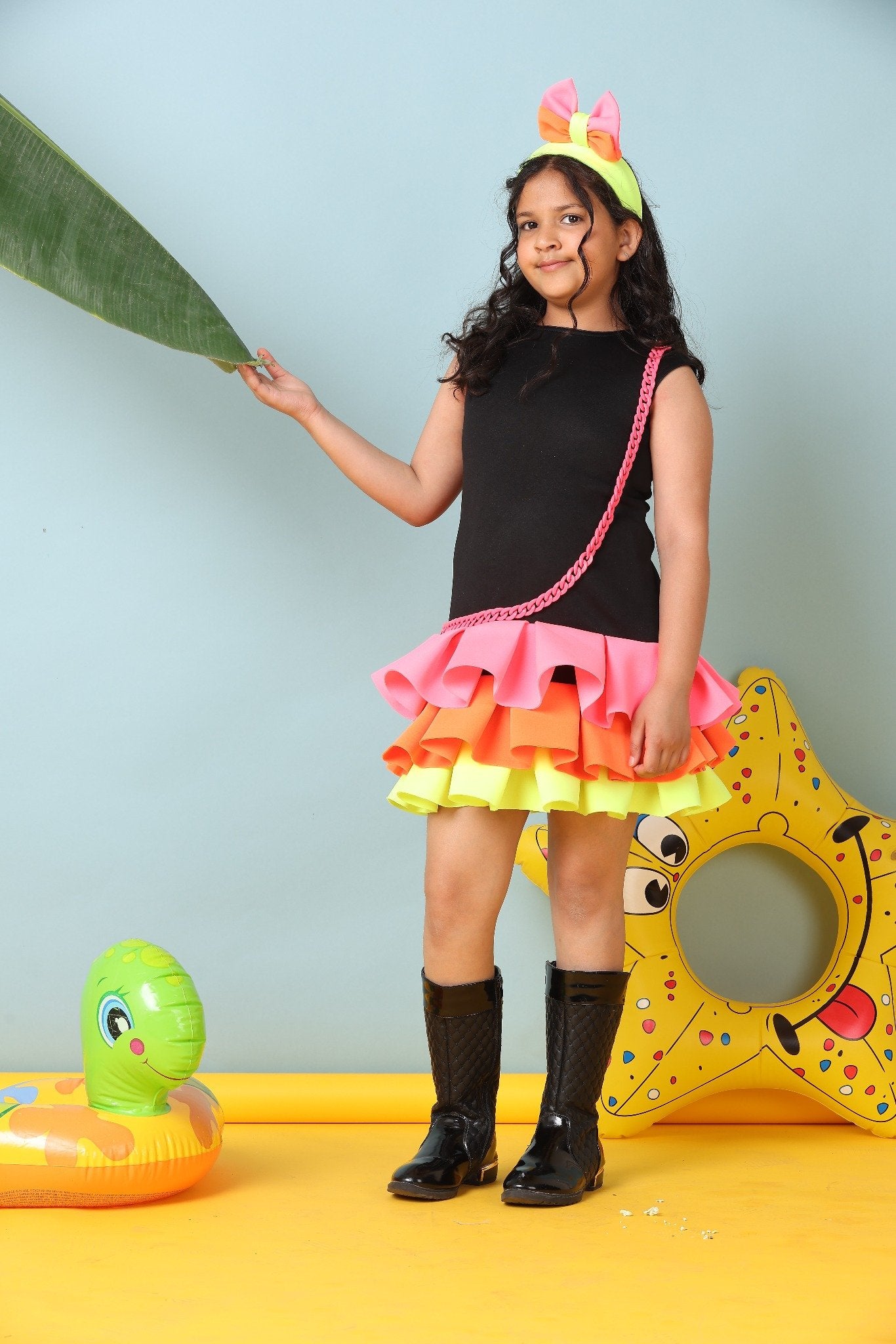 Neon Ruffle Party Dress for Girls with Bow Headband