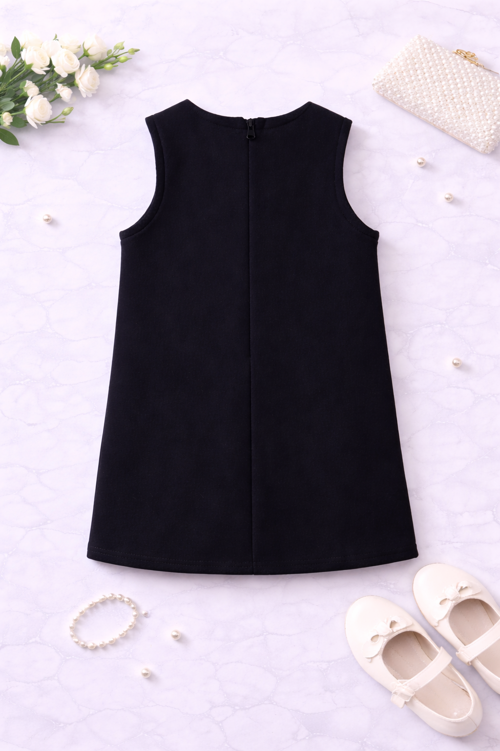Black Girls Dress with Fashion Bag Print and Gold Chain Detail
