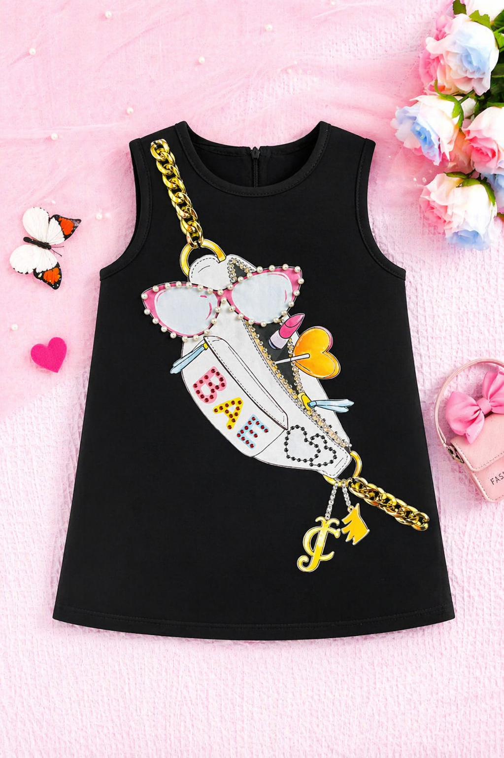 Black Girls Dress with Fashion Bag Print and Gold Chain Detail