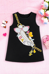 Black Girls Dress with Fashion Bag Print and Gold Chain Detail