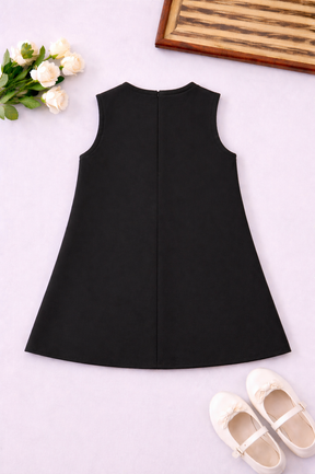 Black Floral Appliqué Girls Dress with Red Ribbon Detailing