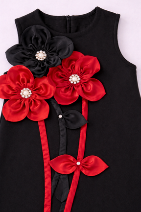 Black Floral Appliqué Girls Dress with Red Ribbon Detailing