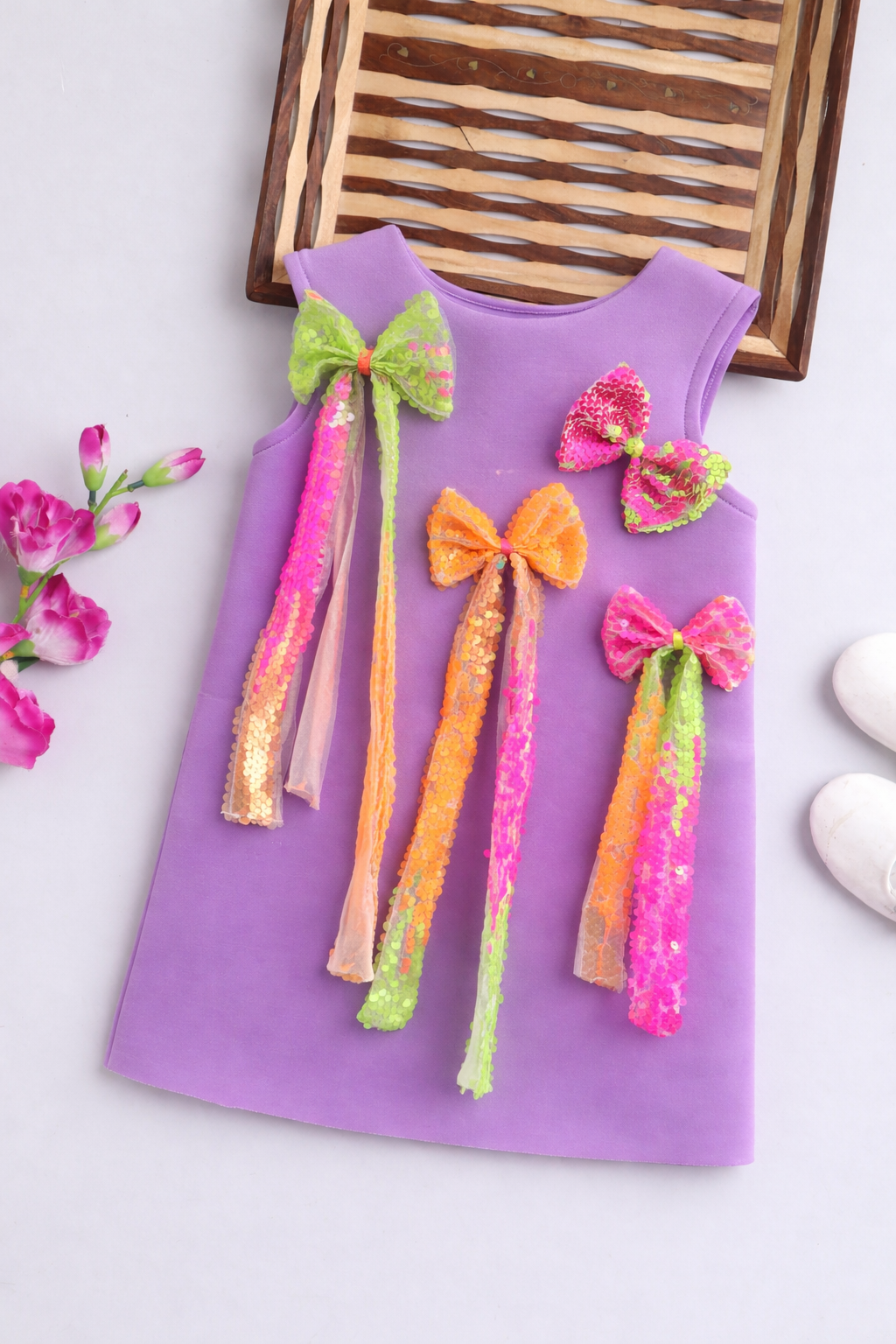 Lavender Bow Embellished Girls Dress with Neon Sequin Details