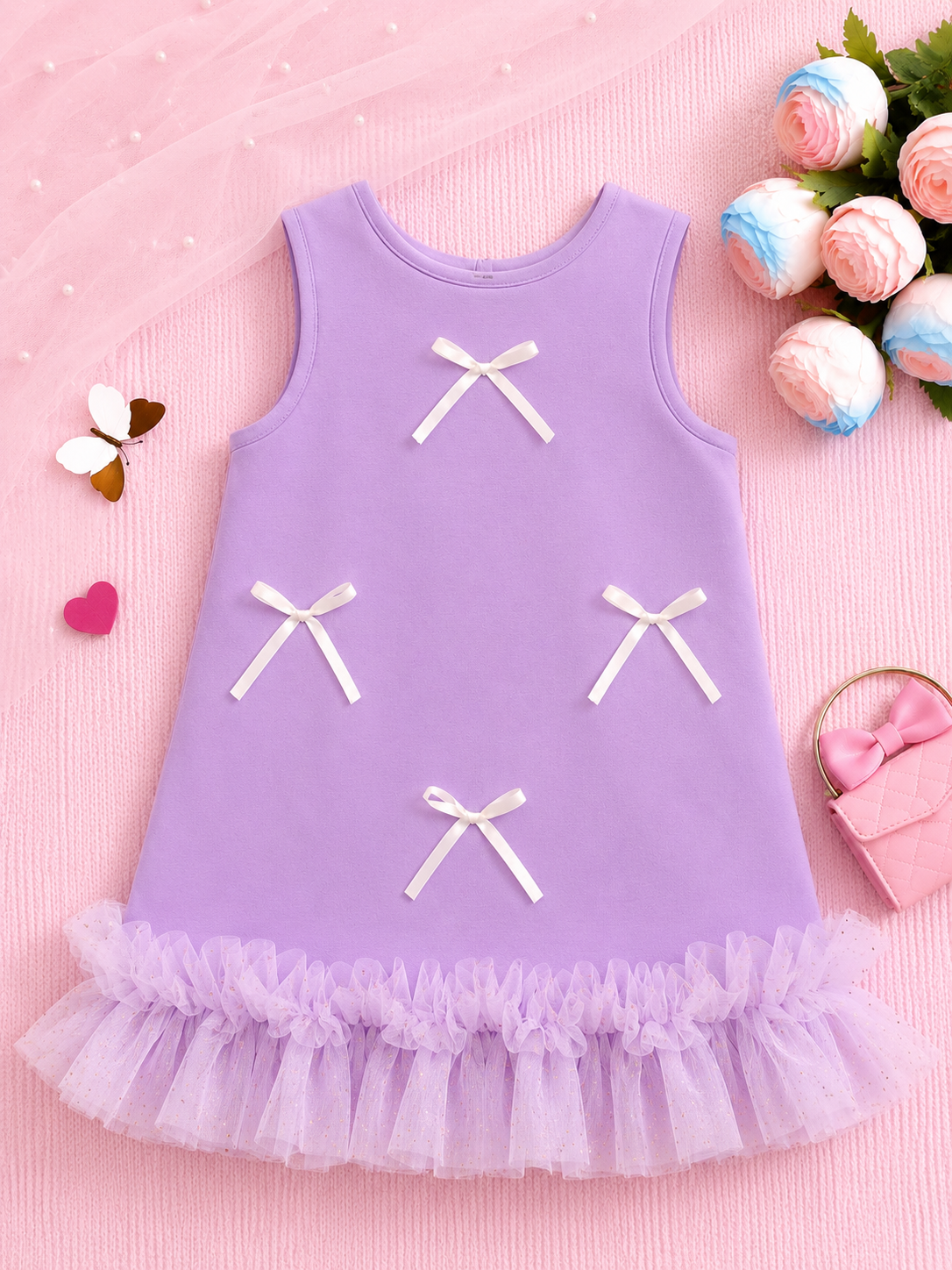 Lavender Bow Detail Girls Dress with Tulle Ruffle Hem