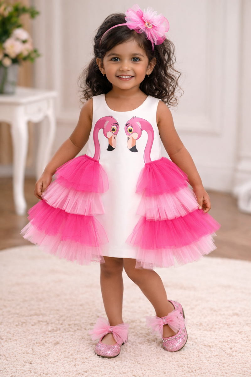 Flamingo Print Girls Knee Length with Layered Pink Ruffles