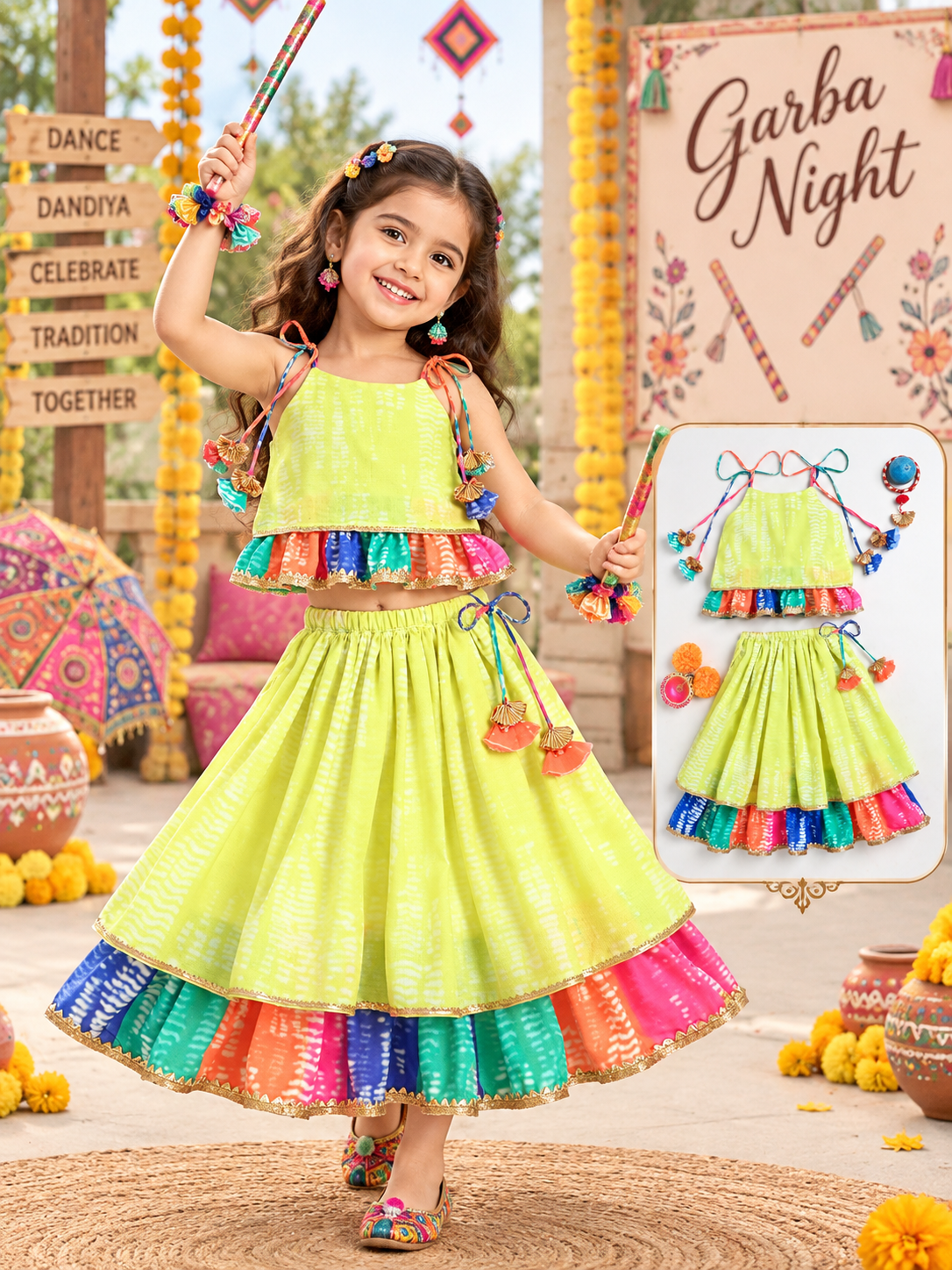 Girls Lime Green Tie-Dye Printed Chaniya Choli with Multicolour Layered Skirt & Tassel Detailing