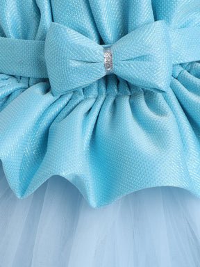 "Dreamy tutu gown featuring a shimmery bow belt, layered ruffles, and delicate straps – perfect for birthdays,