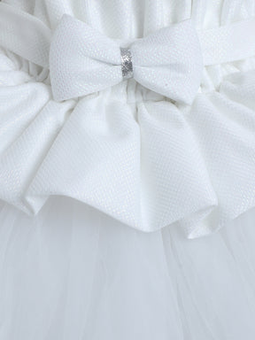 "Dreamy tutu gown featuring a shimmery bow belt, layered ruffles, and delicate straps – perfect for birthdays,