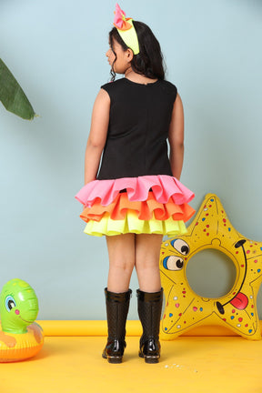 Neon Ruffle Party Dress for Girls with Bow Headband