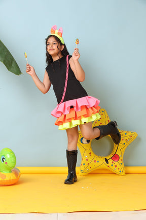 Neon Ruffle Party Dress for Girls with Bow Headband