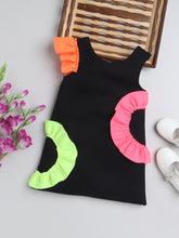 Black Knee Length A-Line Dress with  Neon Ruffles
