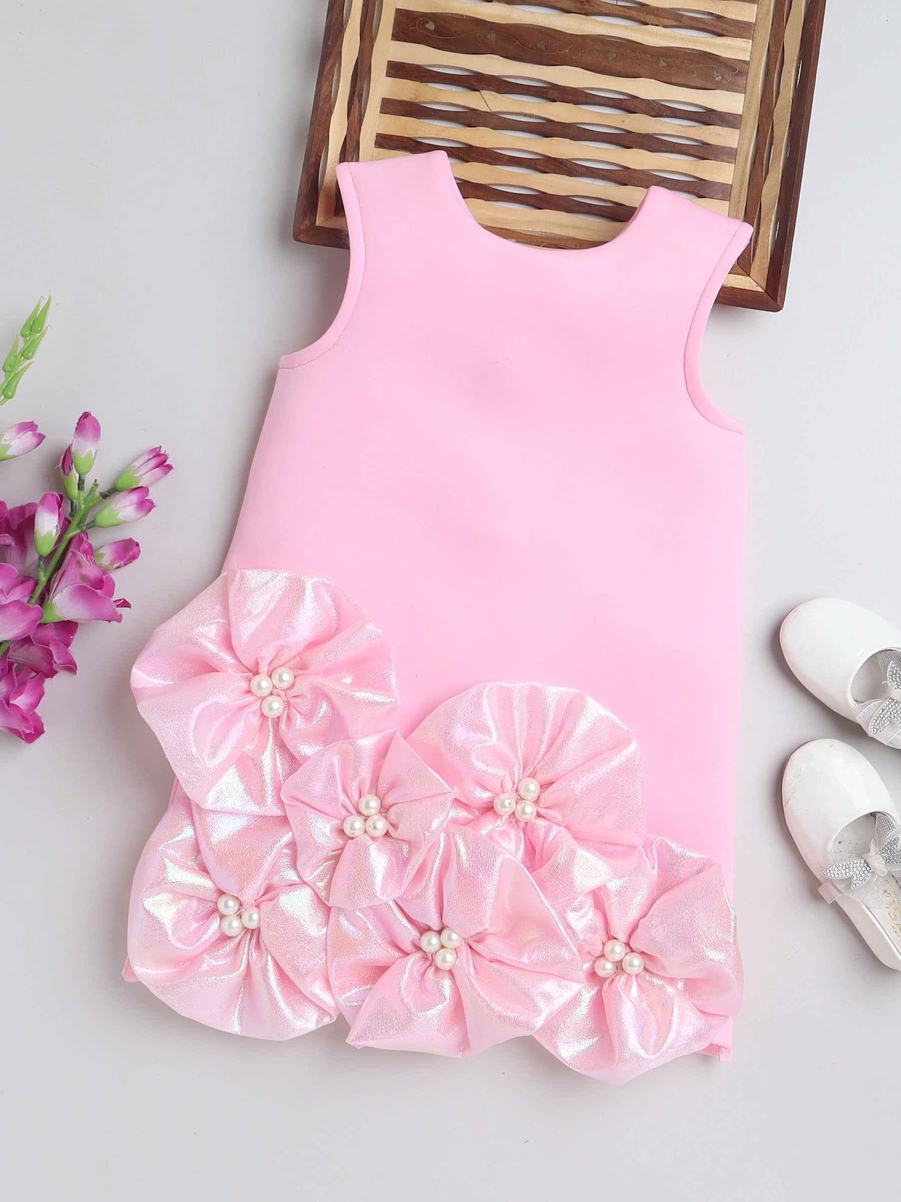 TINY MINY MEE Sleeveless Floral Applique Detailed Pearls Embellished Dress