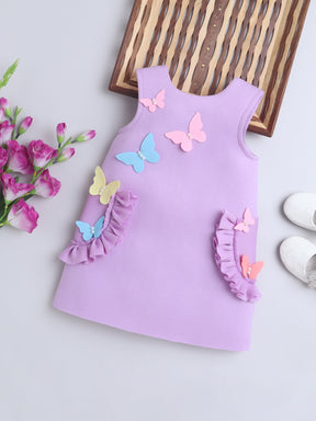 Pink Butterfly Appliqué Dress with Ruffle Pockets