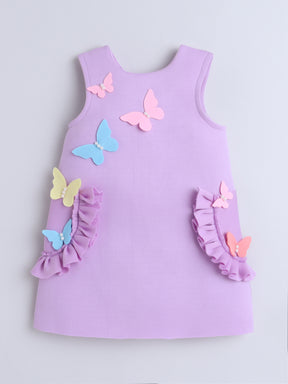 Pink Butterfly Appliqué Dress with Ruffle Pockets