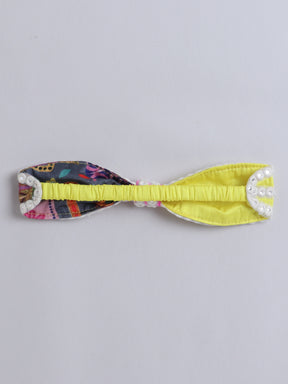 Vibrant Multicolor Artistic Print Dress with Pink Yoke & Matching Hairband for Girls