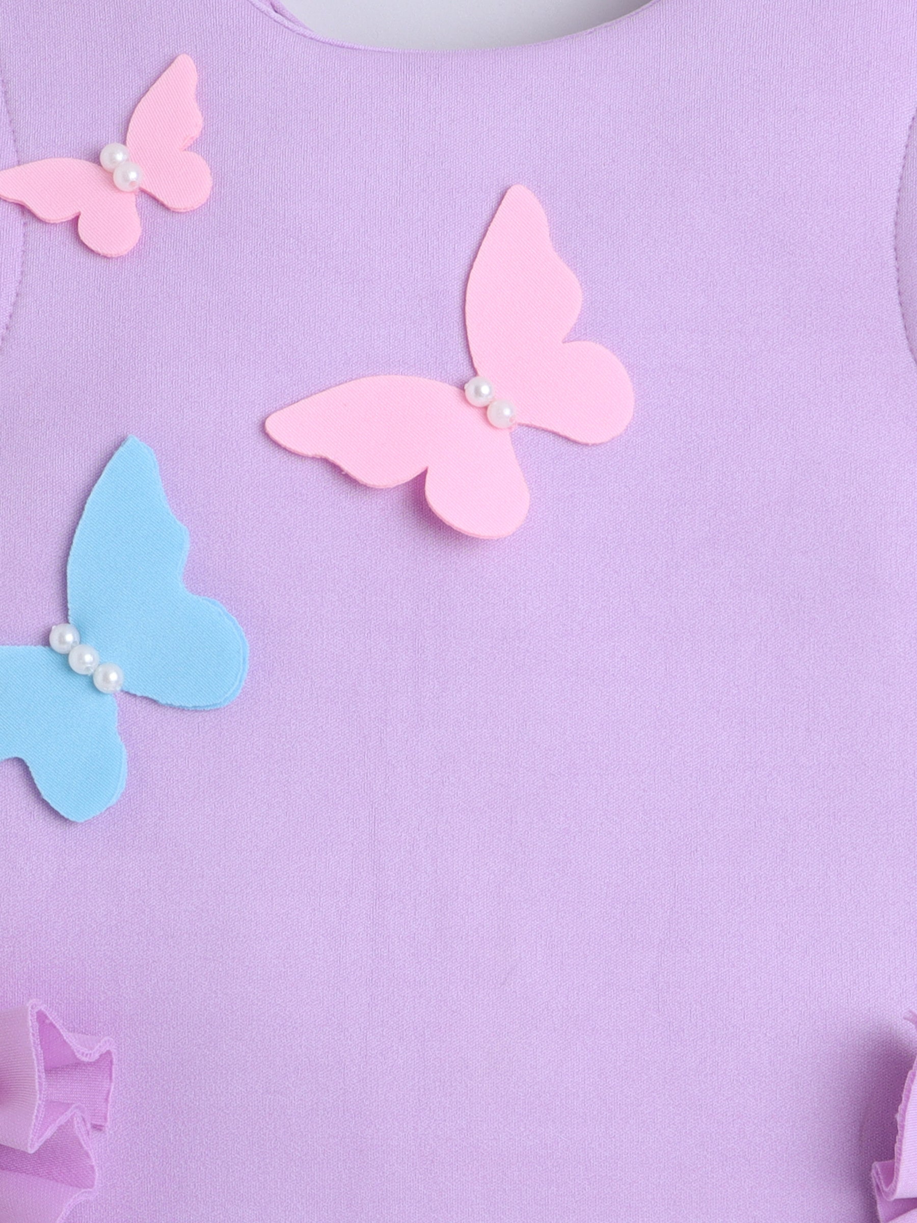 Pink Butterfly Appliqué Dress with Ruffle Pockets