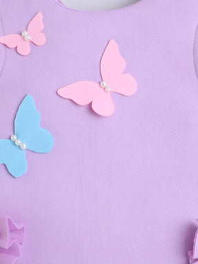 Pink Butterfly Appliqué Dress with Ruffle Pockets
