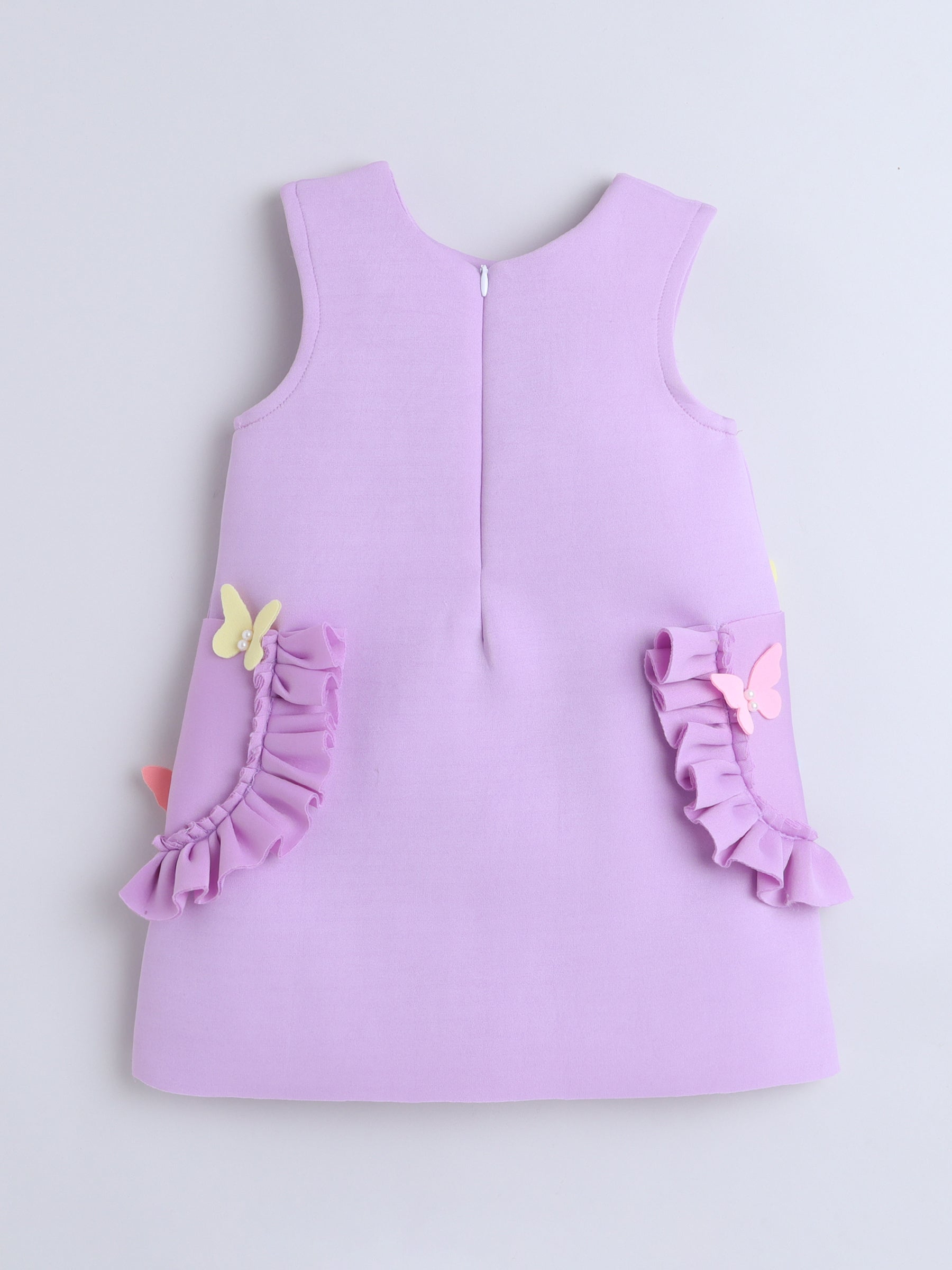 Pink Butterfly Appliqué Dress with Ruffle Pockets