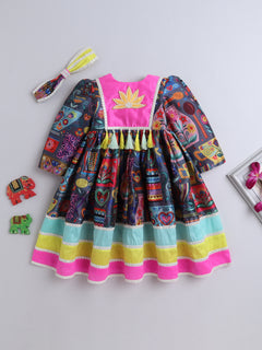 Vibrant Multicolor Artistic Print Dress with Pink Yoke & Matching Hairband for Girls