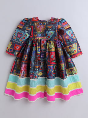 Vibrant Multicolor Artistic Print Dress with Pink Yoke & Matching Hairband for Girls