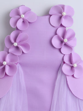 Lavender Floral Tulle Party Dress with Pearl Embellishments
