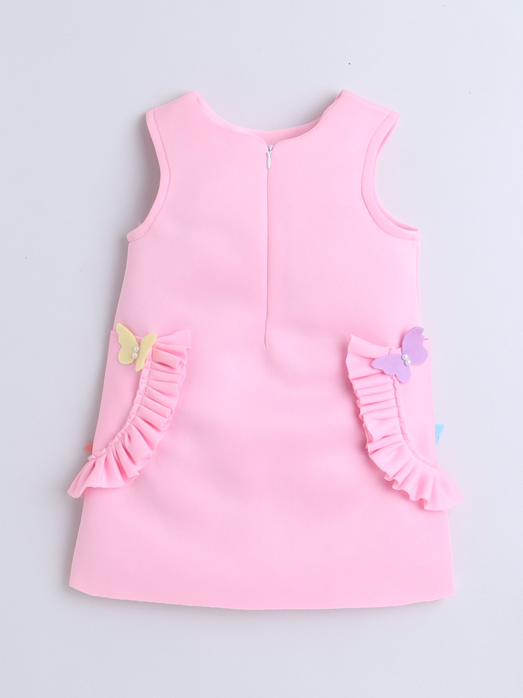Pink Butterfly Appliqué Dress with Ruffle Pockets