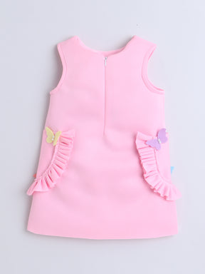 Pink Butterfly Appliqué Dress with Ruffle Pockets