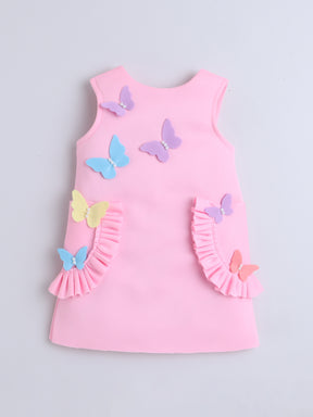 Pink Butterfly Appliqué Dress with Ruffle Pockets