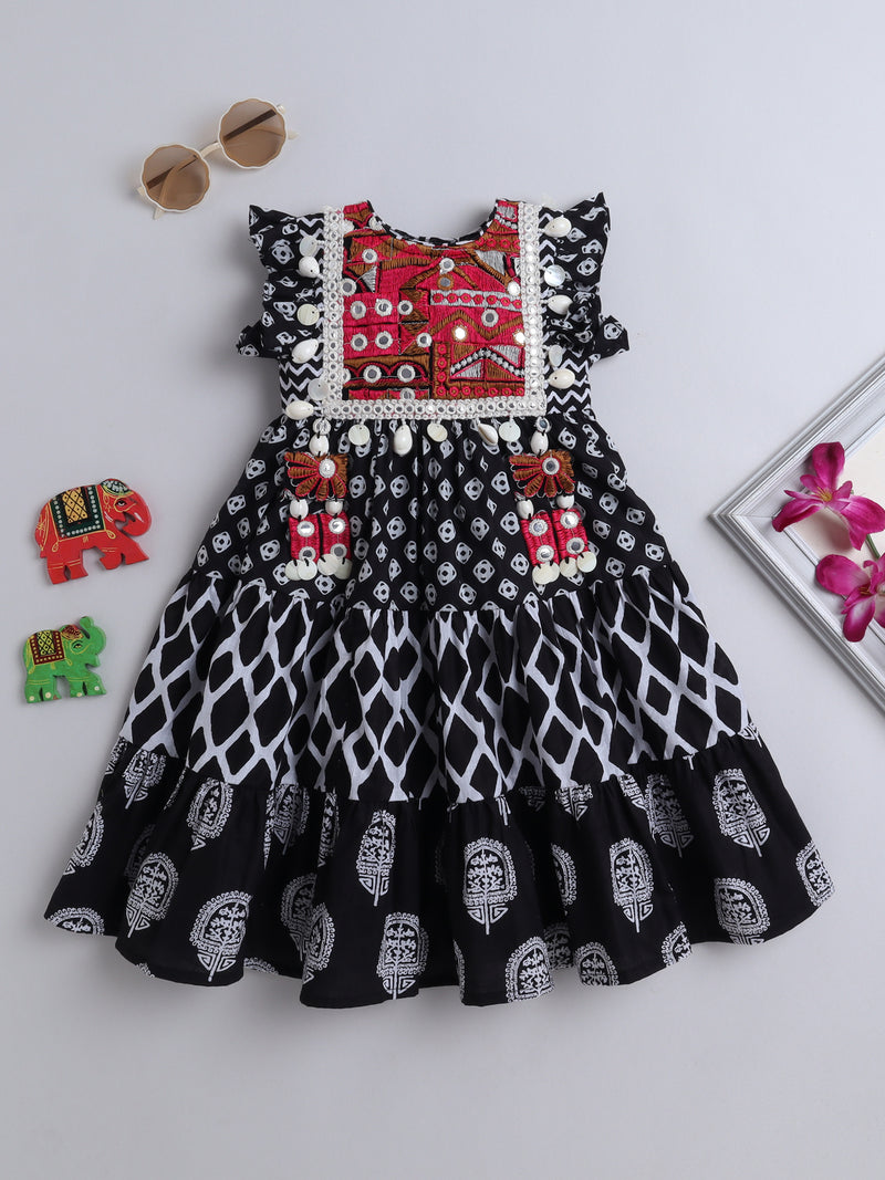 Black & White Printed Dress with Red Embroidered Mirror Work Yoke for Girls