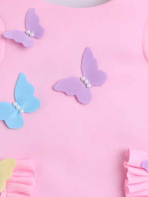 Pink Butterfly Appliqué Dress with Ruffle Pockets