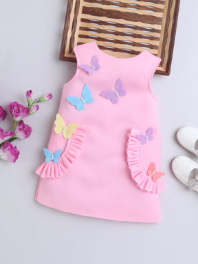 Pink Butterfly Appliqué Dress with Ruffle Pockets