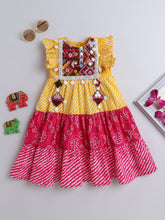 Yellow & Pink Bandhani Print Dress with Embroidered Mirror Work Yoke for Girls